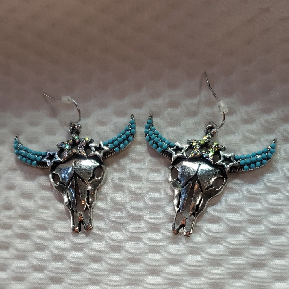 Wildflowers Silver and Turquoise Bull Skull Earrings